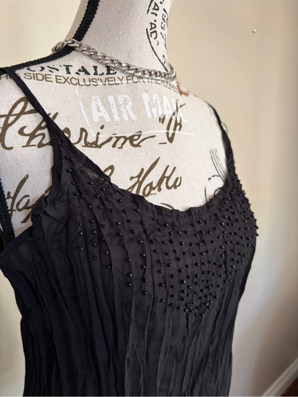 Y2K Black Sheer Beaded Micro Pleated Cami Fairy Grunge Whimsigoth - Picture 2 of 9